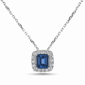 Blue Sapphire and Diamond Halo Pendant in 14K White Gold