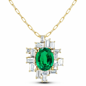 2.90 Carat Oval Emerald and Canadian Diamond Vintage Style Pendant and Chain in 18K Gold