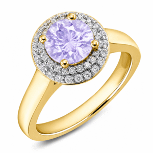 Purple Sapphire & Canadian Diamond Double Halo Ring in Yellow Gold