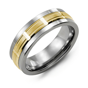 MADANI Men's Beveled Milgrain Grooved 7mm Wedding Band in 10K Gold
