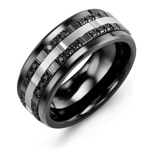 MADANI Men's Outer Trio Black Diamonds 9mm Wedding Band in 10K Gold