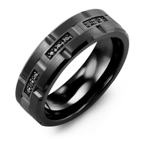 MADANI Men's Trio Black Diamond Grooved 7mm Wedding Band in 10K Gold