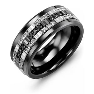 MADANI Men's Black White Trio Diamond 9mm Wedding Band in 10K Gold