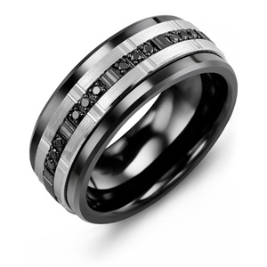 MADANI Men's Trio Black Diamonds 9mm Wedding Ring in 10K Gold
