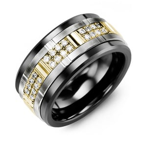 MADANI Men's Multi Wide Grooved Ring with Diamonds, 11mm in 10K Gold