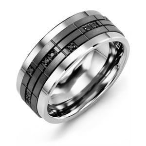 MADANI Men's Black Puzzle Pattern Black Diamond 9mm Wedding Band in 10K Gold