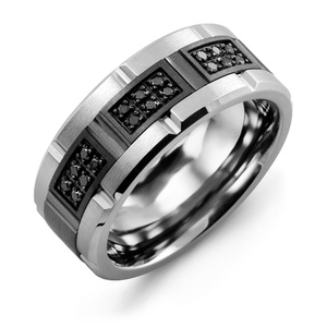 MADANI Men's Black Diamond Grooved 9mm Wedding Band in 10K Gold
