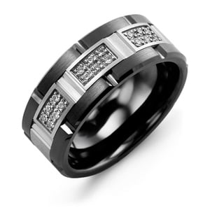 MADANI Men's Brushed Grooved Diamond 9mm Wedding Band in 10K Gold