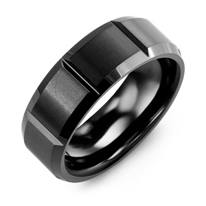 MADANI Men's Beveled Grooved Black Ceramic 8mm Wedding Band
