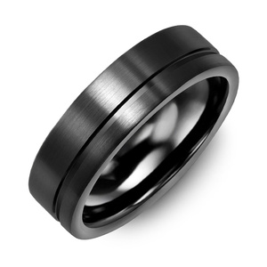 MADANI Men's Off Center Brush Black Ceramic 7mm Wedding Ring