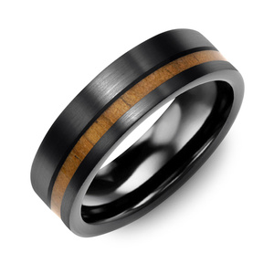MADANI Men's Brush Black Ceramic Off Center Koa Wood 7mm Wedding Band