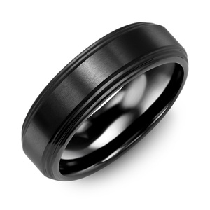 MADANI Men's Brush Center Polished Edges Black Ceramic 7mm Wedding Ring