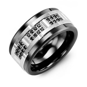 MADANI Men's Wide Black Diamond Faceted 11mm Wedding Band in 10K Gold