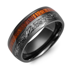 MADANI Men's Dome Black Meteorite Koa Wood Ceramic 8mm Wedding Ring