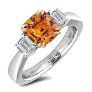 De Beers Forevermark Diamond and Ceylon Padparadscha Color Orange Sapphire Trilogy Ring in 18K Gold