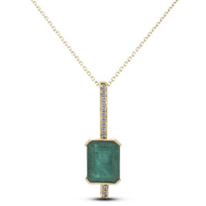 Rectangular Emerald And Diamond Drop Necklace In 14K Yellow Gold