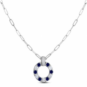 Diamond and Sapphire Circle Pendant and Paperclip Chain in 14K White Gold