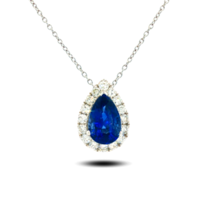 Pear Shape Blue Sapphire and Diamond Halo Pendant With Paperclip Chain in 18K White Gold