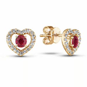 Ruby and Diamond Halo Heart Stud Earrings In Yellow Gold