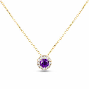 Amethyst and Canadian Diamond Halo Pendant In Yellow Gold