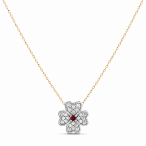 Ruby and Canadian Diamond Flower Clover Necklace in Yellow and White Gold