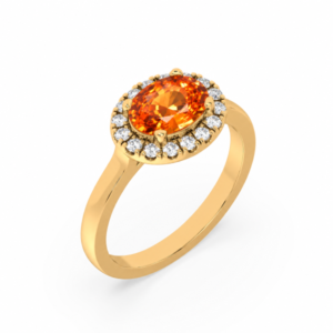 Oval Shape Orange Yellow Sapphire and Diamond Halo Ring in 14K Yellow Gold