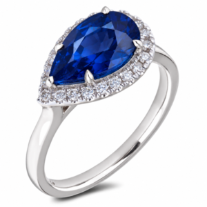 Pear Shape Ceylon Blue Sapphire and Diamond East West Halo Ring in 18K White Gold
