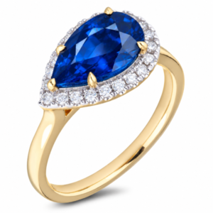 Australian Origin Blue Sapphire and Canadian Diamond East West Halo Ring in Yellow Gold