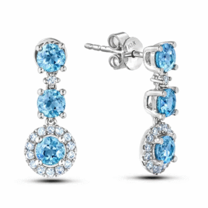 Blue Topaz and Canadian Diamond Three Stone Dangle Earrings in White Gold