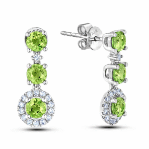 Peridots and Diamond Three Stone Dangle Earrings in White Gold