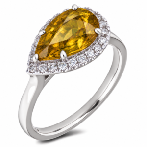 Pear Shape Yellow Sapphire and Canadian Diamond Halo Ring in 14K White Gold