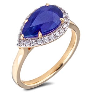 Australian Origin Blue Sapphire and Canadian Diamond East West Halo Ring in Yellow Gold