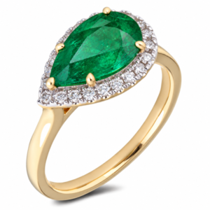 Pear Shaped Emerald and Canadian Diamond East West Halo Ring in Yellow Gold
