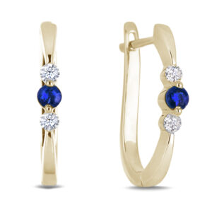 Blue Sapphire and Diamond 3 Stone Hoop Earrings in Yellow Gold