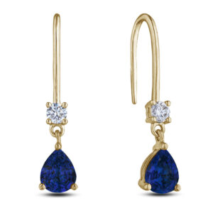 Canadian Diamond and Australian Origin Blue Sapphire Pear Shape Drop Earrings in Yellow Gold