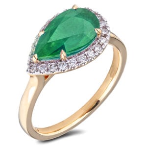 Pear Shaped Emerald and Canadian Diamond East West Halo Ring in Yellow Gold