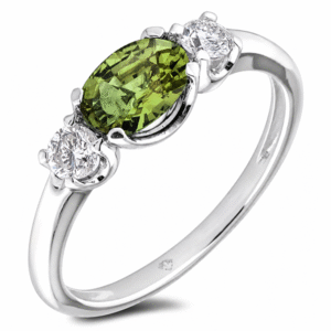 Non Heated Green Sapphire and Canadian Diamond Three Stone Ring in White Gold