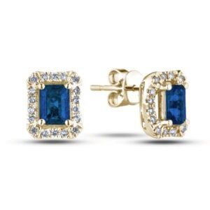 Emerald Cut Sapphire and Canadian Diamond Halo Stud Earrings in Yellow Gold