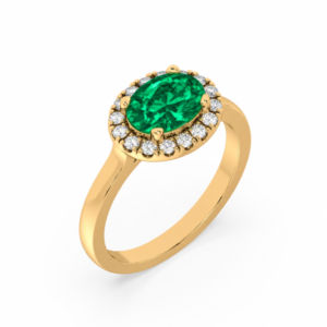Oval Shaped Emerald and Canadian Diamond Halo Ring in Yellow Gold