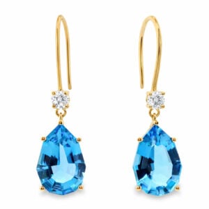 Octagon Pear Shape Blue Topaz and Canadian Diamond Drop Earrings in Yellow Gold