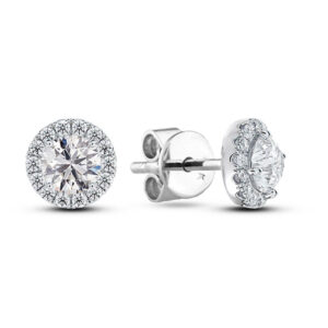 Classic Halo De Beers Forevermark Diamond Stud Earrings in 14K White Gold 1.57 Carat TW