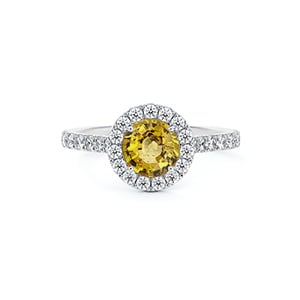 Tanzanian Non Heated Yellow Sapphire and De Beers Forevermark Diamond Halo Ring in 14K White Gold