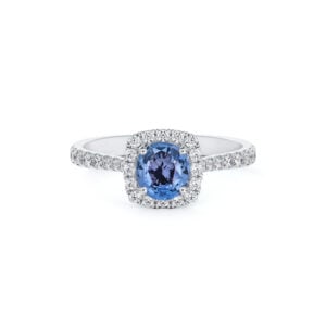 Tanzanian Non Heated Blue Sapphire and De Beers Forevermark Diamond Halo Ring in 14K Gold