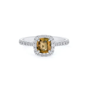 Madagascar Non Heated Honey Yellow Sapphire and De Beers Forevermark Diamond Halo Ring in 14K Gold