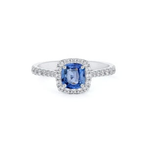 Madagascar Non Heated Cushion Cut Sapphire and De Beers Forevermark Diamond Halo Ring in 14K Gold
