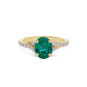 Oval Brazilian Emerald and De Beers Forevermark Diamond Split Shank Accent Ring in 14K Yellow Gold