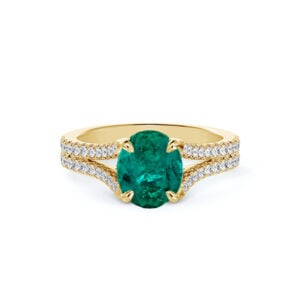 Brazilian Emerald and De Beers Forevermark Diamond Split Shank Ring in 14K Yellow Gold
