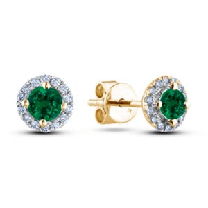 Emerald & Canadian Diamond Halo Stud Earrings in Yellow Gold
