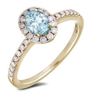 Aquamarine and Canadian Diamond Oval Halo Ring in Yellow Gold