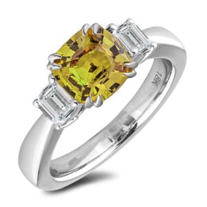 Ceylon Non-Heated Green Sapphire and De Beers Forevermark Diamond Trilogy Ring in 18K White Gold